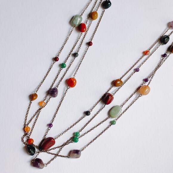 Vintage Y2K Boho Gemstone Necklace Long Tumbled Stone Beads Chain Layering - Picture 8 of 11